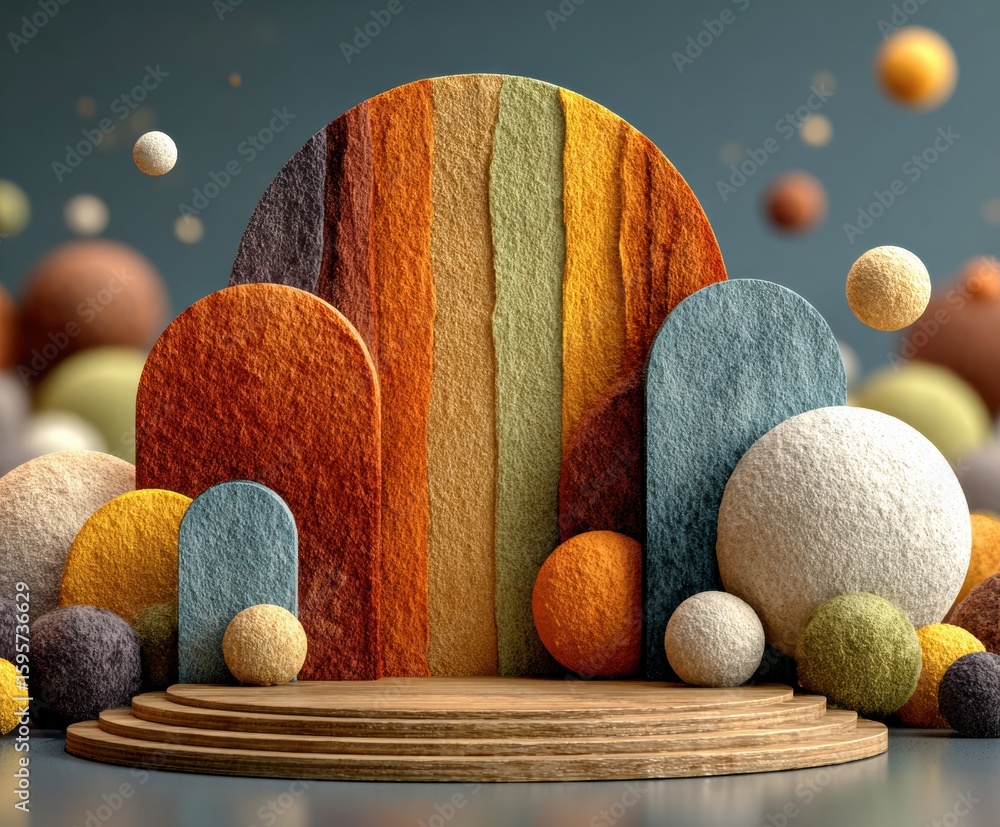 Poster chromatic stage: a mesmerizing display of textured shapes in a spectrum of warm tones, arranged on a
