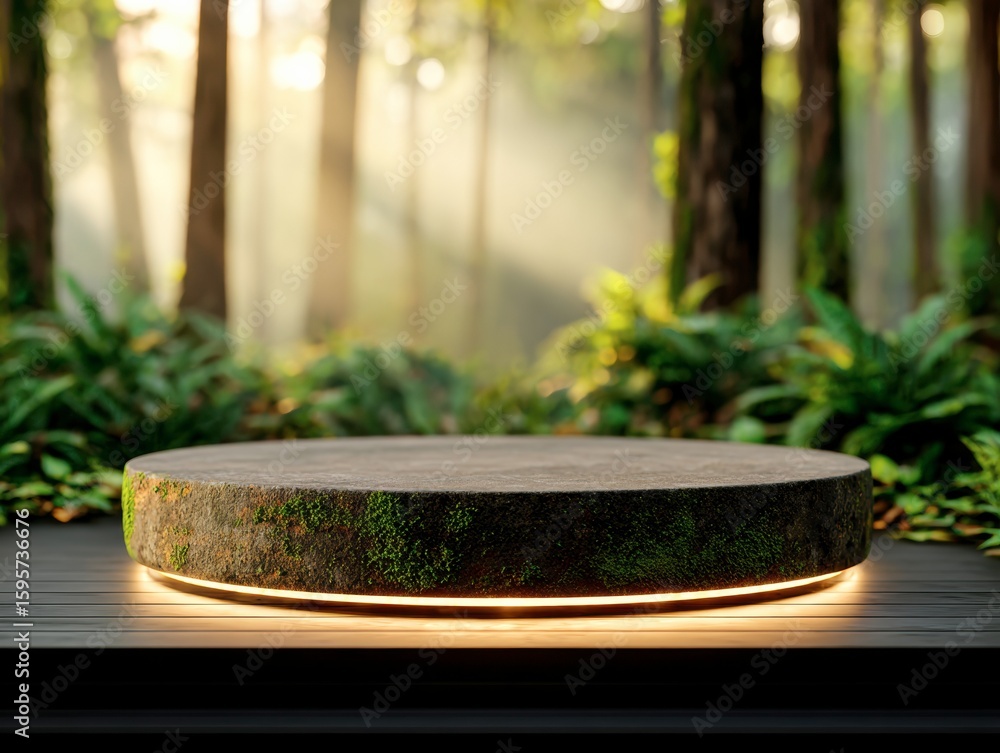Poster earthy stage in the forest: a captivating platform, illuminated by an ambient glow, rests amidst a v
