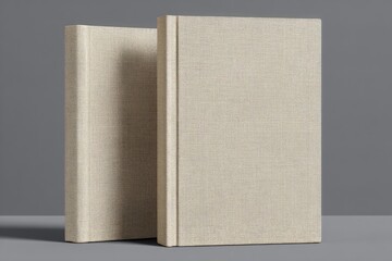 Two beige cloth-bound books on a gray surface