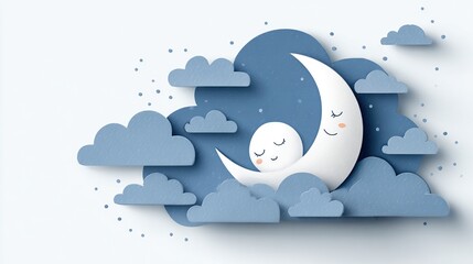 A whimsical paper-craft illustration of a crescent moon cradling a smaller moon amidst fluffy, grey clouds on a light blue background; stars are scattered