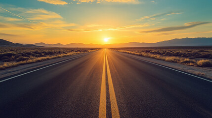 A long, straight desert highway leading towards a bright sunset. This image is perfect for concepts of journey, freedom, and the open road