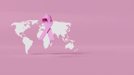 A pink ribbon, the symbol for breast cancer awareness, stands before a white world map on a pink background, representing global solidarity and support. - Powered by Adobe