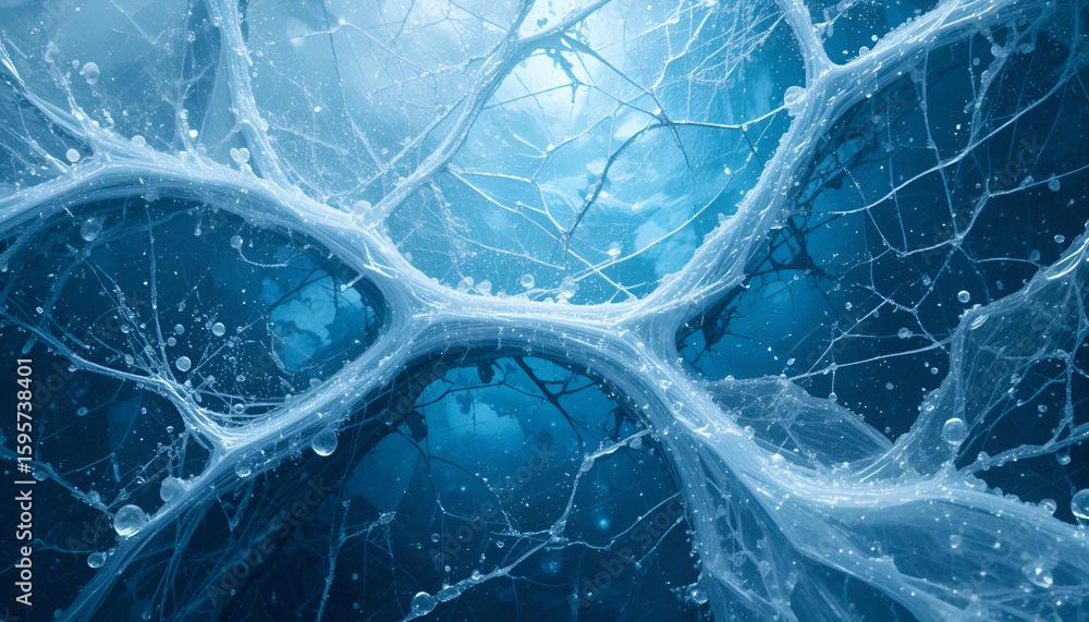 Poster intricate network of interconnected, transparent structures with fluid-like elements