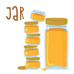 Stack of jars filled with orange substance on white background for illustration purposes