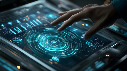 Futuristic holographic user interface with hand gesture interaction, displaying digital data and graphs