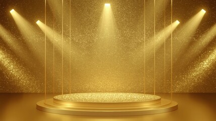 Golden Stage and Spotlight: A lavish golden stage, illuminated by powerful spotlights, set against a textured, opulent background. Ready for the grand reveal, this image speaks to the luxury.