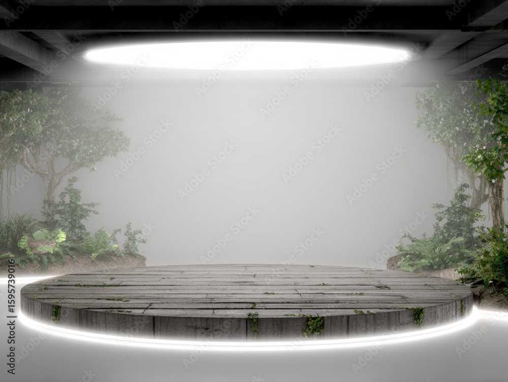 Poster empty platform with natural elements: a minimalist scene features a round wooden platform bathed in 