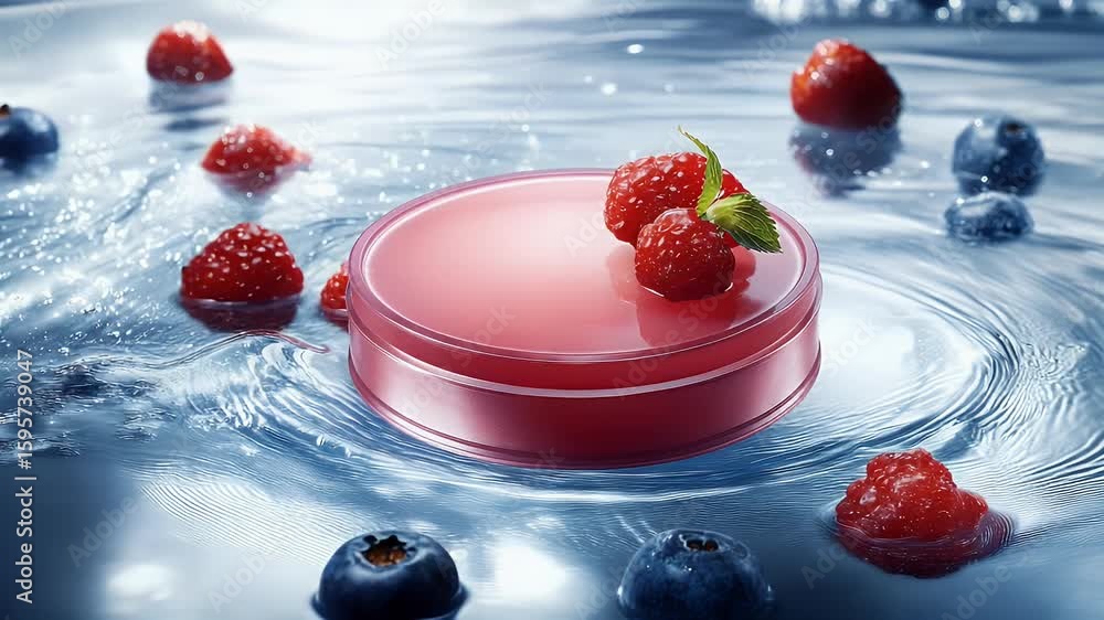 Poster close-up of a vibrant red dessert with fresh raspberries and blueberries floating in water creating 