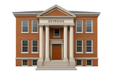 Majestic orange brick school building with white columns, transparent background, exuding timeless educational charm