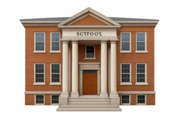Majestic orange brick school building with white columns, transparent background, exuding timeless educational charm