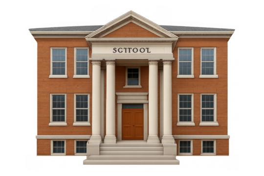 Majestic orange brick school building with white columns, transparent background, exuding timeless educational charm