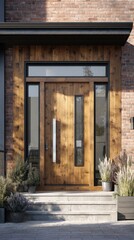 Modern entrance with a natural wood door and sidelights, set in a brick facade