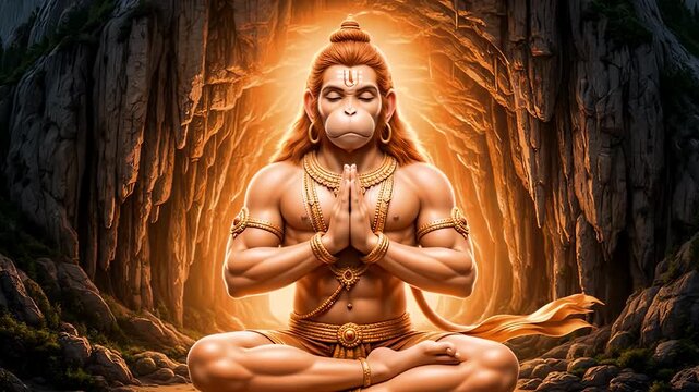 Meditating Lord Hanuman with Divine Aura in Sacred Cave