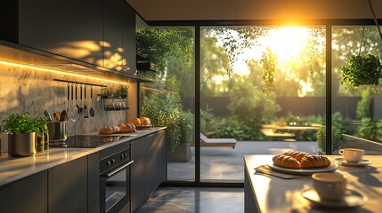 A modern, open-plan kitchen with large windows overlooking a garden at sunset. This is perfect for luxury living and interior design concepts
