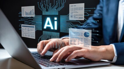 Man in suit typing on laptop with artificial intelligence and data charts overlayed on screen