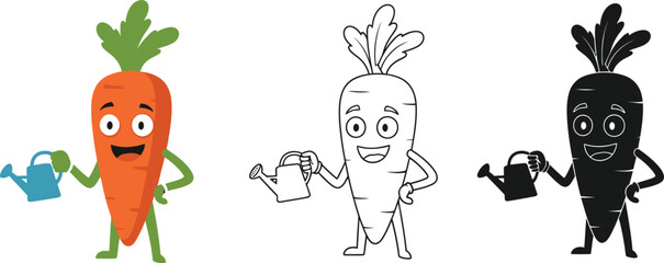 Obraz premium Carrot character illustration set vector, cartoon carrot with watering can clipart image