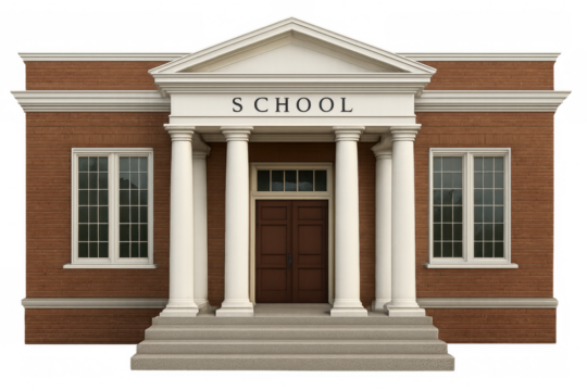 Neoclassical school building front view with transparent background, featuring columns, steps, and large door, ideal for educational projects