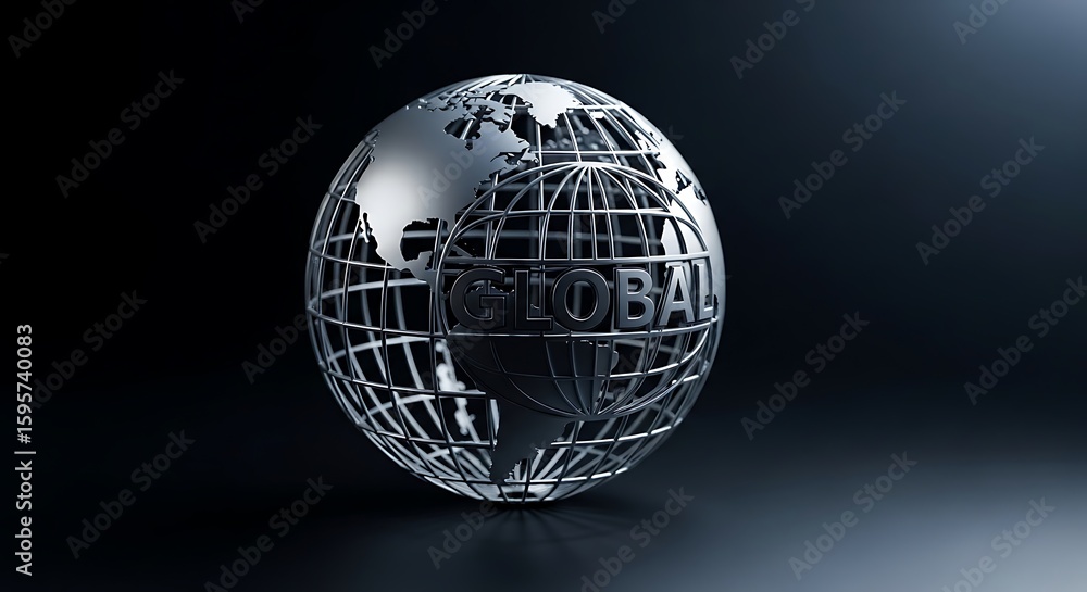 Poster a metallic globe with the word global inside of it on a dark background in a studio setting
