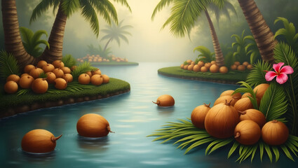 A serene and dreamy oil painting featuring a mesmerizing array of coconuts gently drifting along a winding