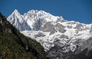 Beautiful view of Jade Dragon Snow Mountain (or Mt.Yulong) in Yulong Naxi Autonomous County, Lijiang, in Yunnan province, China.