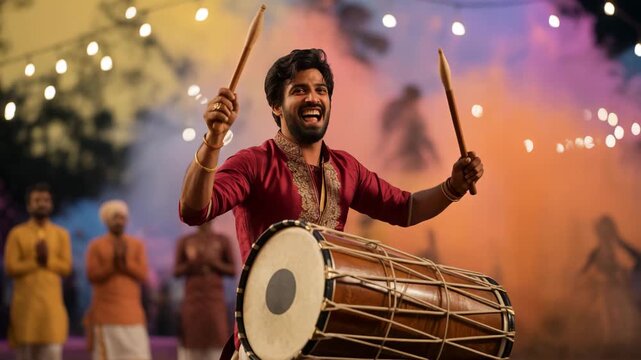 Smiling man playing dhol with festive crowd and colored smoke