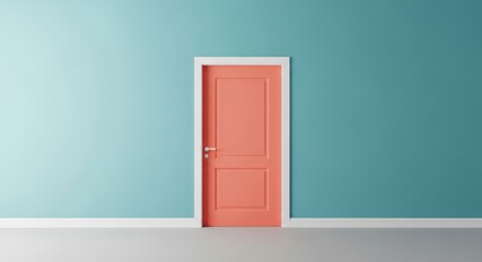 Photo of a single orange door stands against a teal wall in a minimalist room