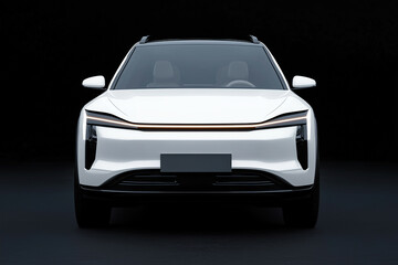Futuristic electric SUV front view with sleek white design on black background