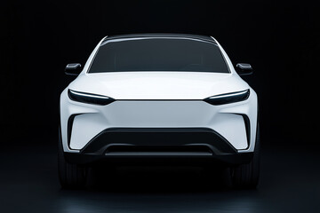 Futuristic electric SUV front view with sleek white design on black background