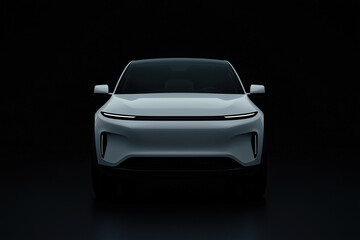 Futuristic electric SUV front view with sleek white design on black background