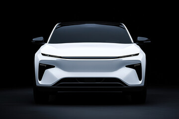 Futuristic electric SUV front view with sleek white design on black background