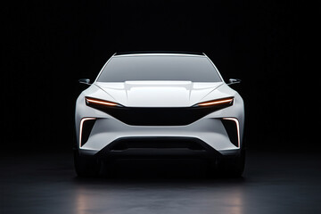 Futuristic electric SUV front view with sleek white design on black background