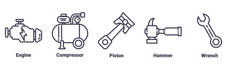 engine, compressor, piston, hammer, wrench icon set illustration concept about Work Tools