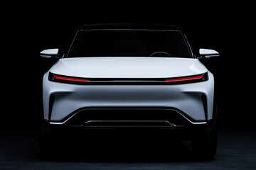 Futuristic electric SUV front view with sleek white design on black background