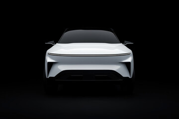Futuristic electric SUV front view with sleek white design on black background