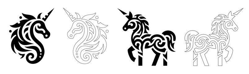 Tribal tattoo-style unicorn emblem illustration. Isolated on transparent background.