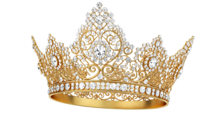 A detailed golden crown adorned with sparkling diamonds against a black background is displayed here