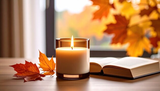 Cozy autumn scene with candle, book, and vibrant autumn foliage backdrop - Powered by Adobe
