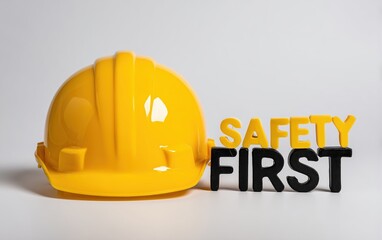 Yellow safety helmet with “SAFETY FIRST” text