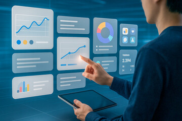 Business analyst using futuristic dashboard interface with data visualization for performance...