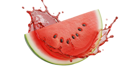 A slice of watermelon with black seeds and juice splashing around it on a black background scene view