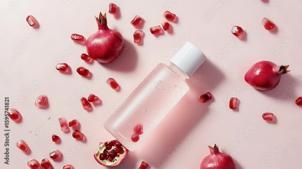 Poster pomegranate fruit and seeds with transparent bottle of liquid and water splash on pink background cr
