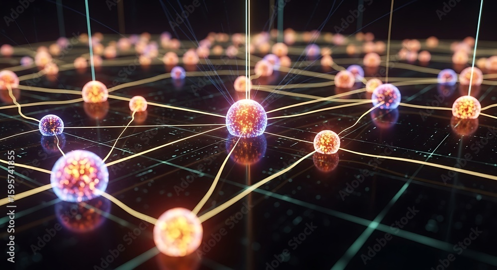 Poster abstract network of glowing spheres connected by lines on a dark reflective surface background