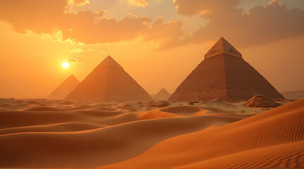 Majestic pyramids of Giza bathed in the warm glow of the sunset, Egypt landscape