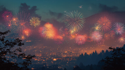 Spectacular Happy New Year Celebration with Fireworks Over City Skyline at Night