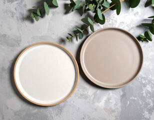 Minimal Ceramic Plates on Concrete Surface

