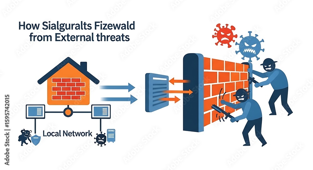 Poster network security illustration showing local network protected by firewall from external threats