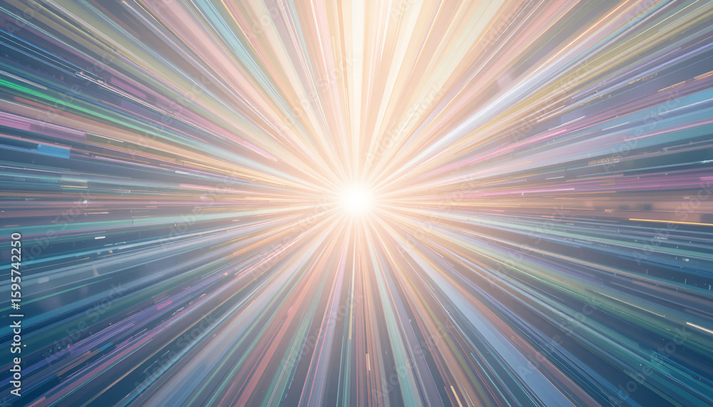 Poster rays of light burst outward in a dynamic display of multicolored beams and radiant energy