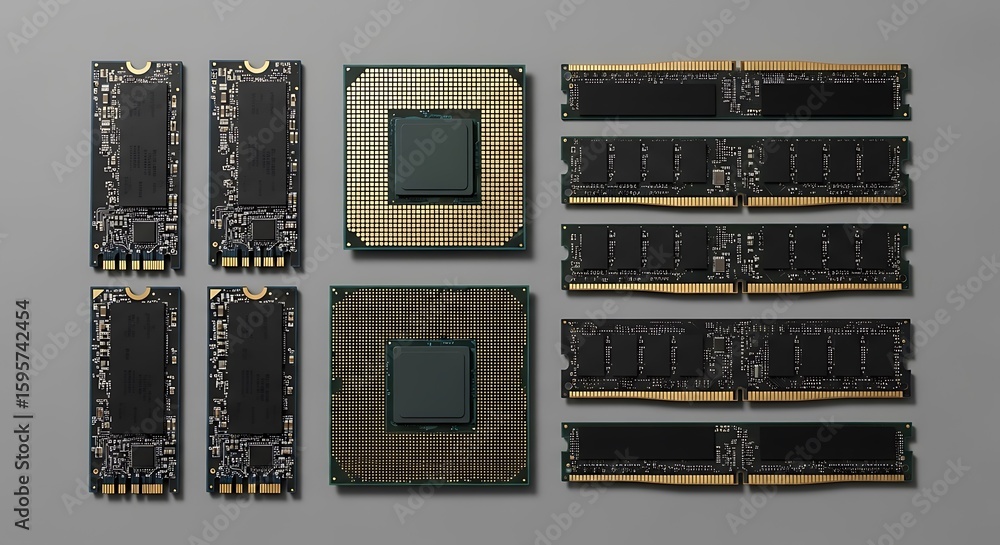 Fototapete Close up of computer components including ssds cpus and ram modules on a gray background