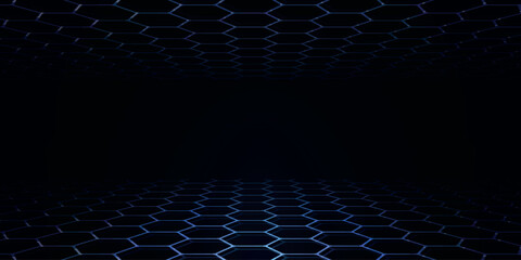 Naklejka premium Dark background with modern and futuristic blue hexagonal shapes. Future technology pattern design.