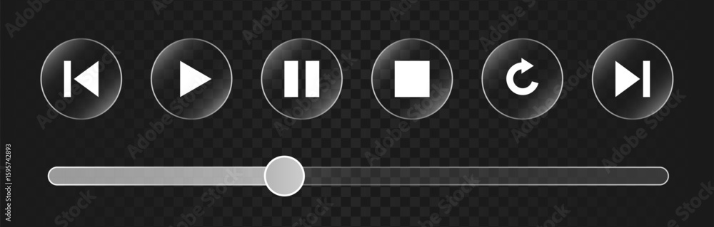 Poster music and video player interface button set in glass style. media app ui icon transparent effect. pl